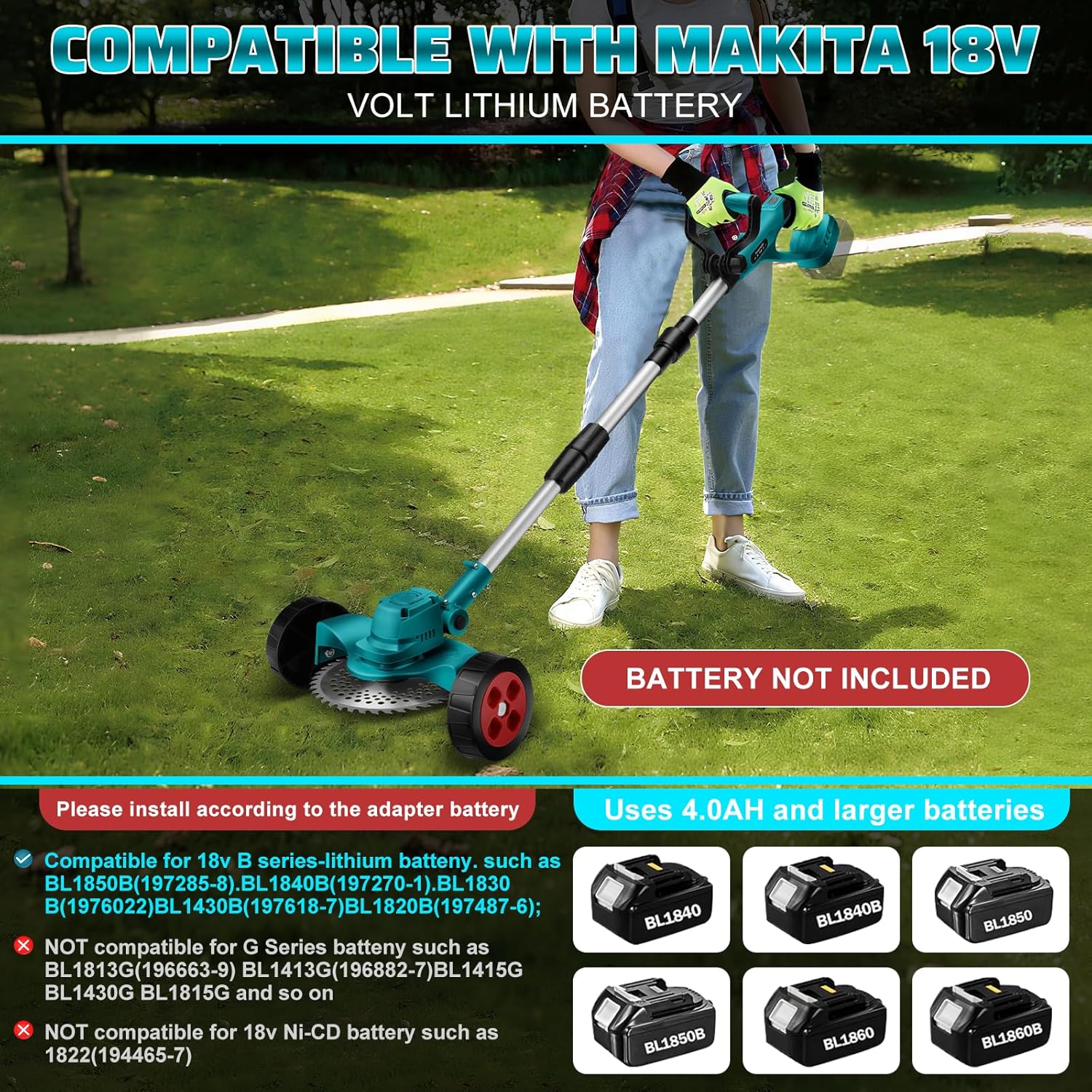 Débroussailleuse sans fil avec batterie 21 V 4000 mAh, 4 en 1, brosse anti-mauvaises herbes, lames de coupe, fil de débroussailleuse, poignée télescopique pour Makita 18 V avec roues de coupe à gazon 22,3 cm avec 2 batteries