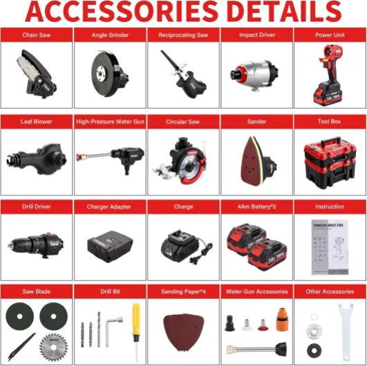 Kit Combiné Sans Fil 20V TEENO, Outil Multi-Fonctionnel Sans fil 11 en 1 Avec étui, Perceuse, Scie Sabre, Scie à Chaîne, Cef à Chocs, Outil Oscillant, Ponceuse Avec Accessoires, 2 * 4.0Ah Batterie