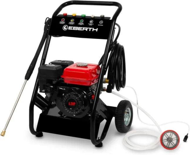 Nettoyeur Haute Pression, Moteur à Essence 4 Temps de 6,5 CV, Nettoyeur Haute Pression Auto-Aspirant avec Une Pression de Travail de 210 Bars, avec 5 Buses et Un Tuyau pour Aspirer l'eau 210 bar (1000L/h)