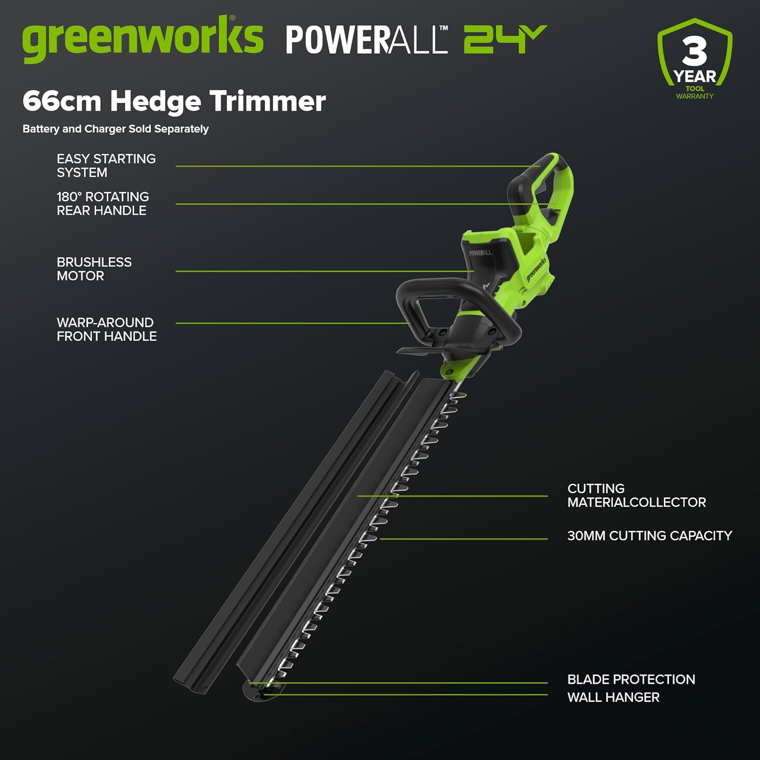 Taille-Haies 24V 66cm, Moteur Brushless, Lame Double Action 30mm, Poignée Rotative 180°, Hedge Sweeper, Outil Seul HT6602RA1 Longueur de lame : 66 cm (Nouveau)sans batterie ni Chargeur