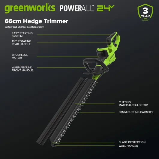 Taille-Haies 24V 66cm, Moteur Brushless, Lame Double Action 30mm, Poignée Rotative 180°, Hedge Sweeper, Outil Seul HT6602RA1 Longueur de lame : 66 cm (Nouveau)sans batterie ni Chargeur