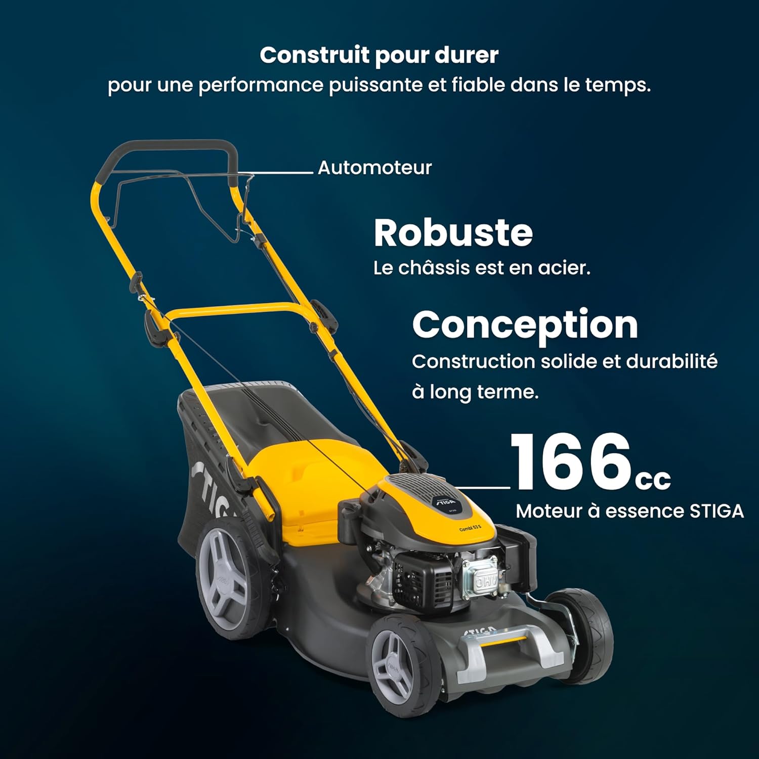 Combi 53 S Tondeuse Thermique, 166 cm³, 51 cm – Système 3 en 1, Bac 60 L, Réglage Centralisé – pour Pelouses jusqu'à 1 800 m² Coupe 51 cm