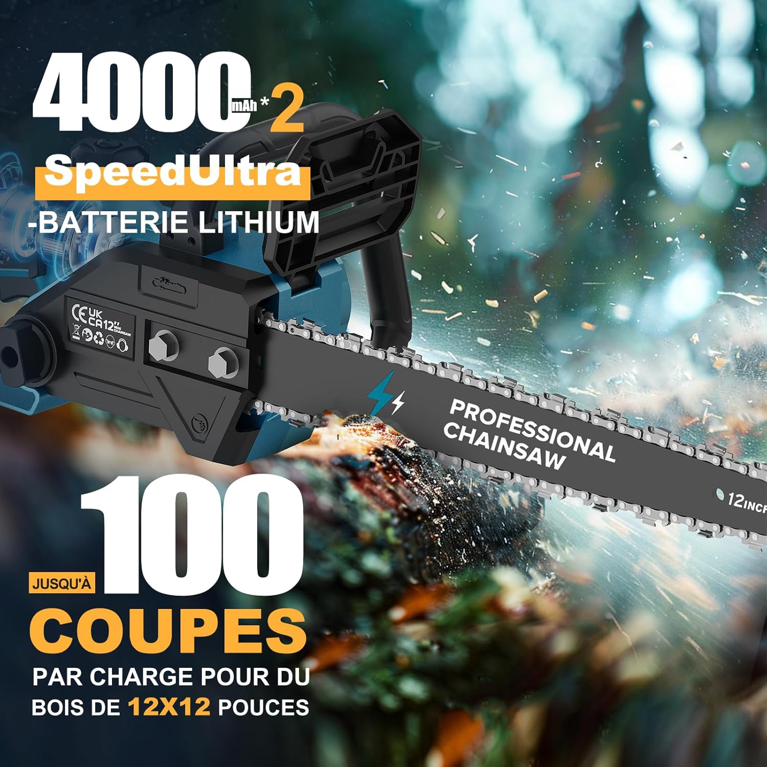 12 Pouces Tronçonneuse À Batterie, 2x4000mAh Tronçonneuse Électrique Sans Fil, Élagueuse Sans Fil pour Outils de Jardin, Coupe du Bois, Bricolage (1800W Brushless) - PowerCut X13 Bleu Capri