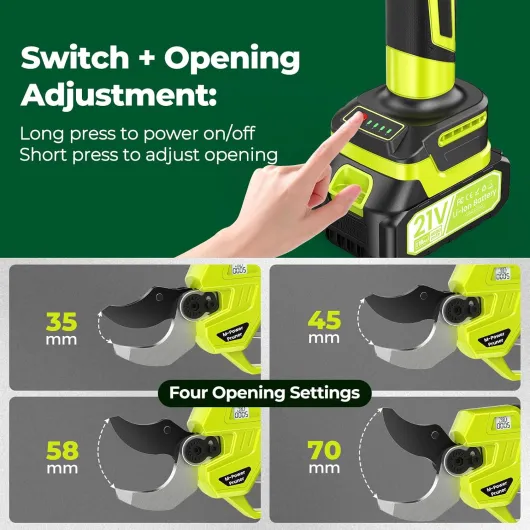 Sécateur Électrique Sans Fil, Ouverture de lame 70 mm & Capacité de coupe 50-60mm, 1200W Secateur Electrique Professionnel avec 4 Niveaux, Écran, 4000mAh Batterie & Lame SK7 tranchante pour Arbres Ps08m-gr-vert