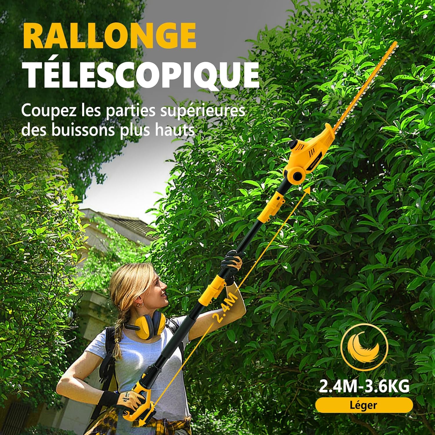 Alloyman 20V Max Taille-haie sans Fil télescopique, avec 2 Batteries 4,0 Ah et Chargeur, 2,4 m pour Couper Les arbustes Jaune - 01
