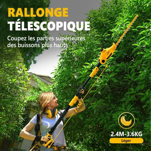 Alloyman 20V Max Taille-haie sans Fil télescopique, avec 2 Batteries 4,0 Ah et Chargeur, 2,4 m pour Couper Les arbustes Jaune - 01