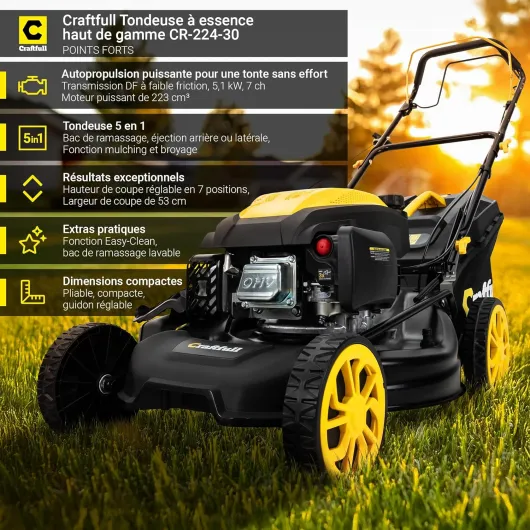 Craftfull Tondeuse à Gazon Thermique CR-224-30 - 4,6 KW 6,3 CV - Moteur OHV 223 cm³ - Autotractée avec Transmission à Faible Friction - Largeur de Coupe 53 cm, réglable en 7 Positions (4,6 KW 6,3 CV) CR-224-30 4,6 KW 6,3 PS 223 cm³ Moeteur