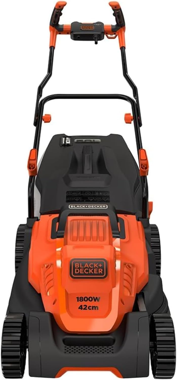 BLACK+DECKER Tondeuse Filaire 1800W, Tondeuse à Gazon Electrique 42 cm, 6 hauteurs réglables 20, 30, 40, 50, 60 et 70 mm, Tondeuse avec Poignée Bike, BEMW481BH-QS Unique