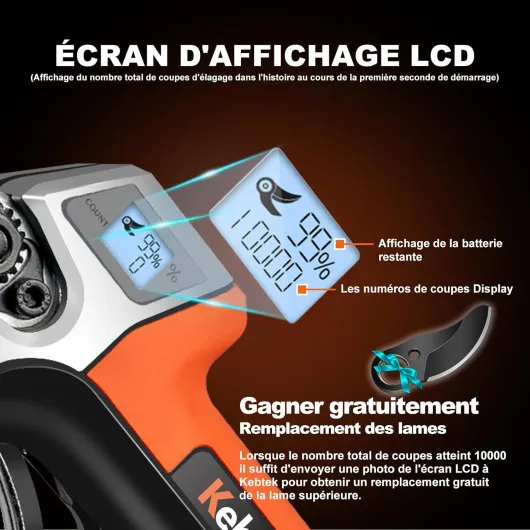 Sécateur Électrique 35 mm - Professionnel Brushless Sécateur - 18V 500W - LCD Écran - SK5 Lame - 2 Batteries - Sécateur pour Vigne, le Cerisier, le Pommier (KT-E35)