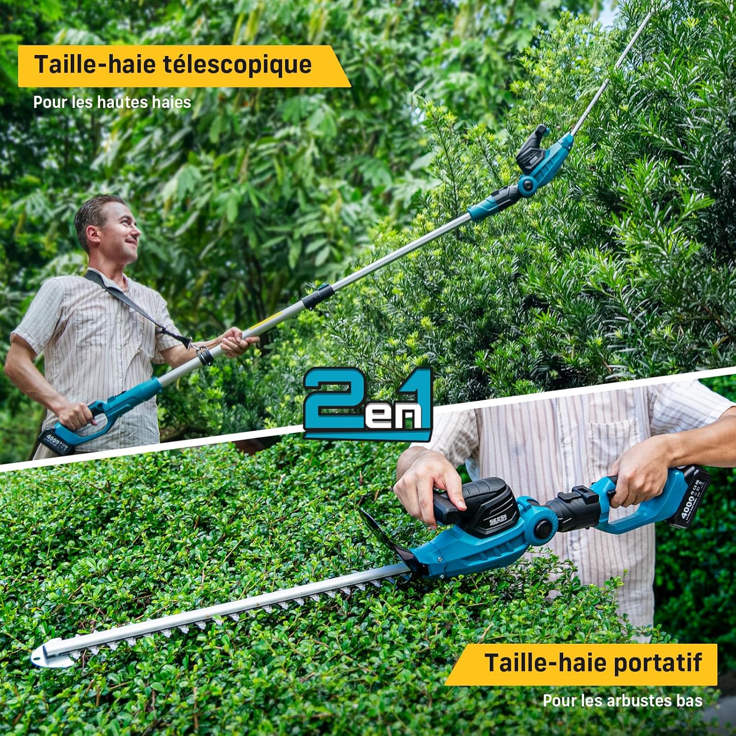 Taille Haie Électrique 2 en 1, Taille-Haies avec Lame Double de 53 cm, Portée Maximale de 2,6 m, Capacité de Coupe de 18 mm, 2 Batteries de 4,0Ah, Convient pour Jardin, Arbres et Arbustes