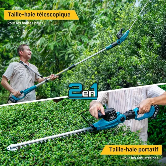 Taille Haie Électrique 2 en 1, Taille-Haies avec Lame Double de 53 cm, Portée Maximale de 2,6 m, Capacité de Coupe de 18 mm, 2 Batteries de 4,0Ah, Convient pour Jardin, Arbres et Arbustes