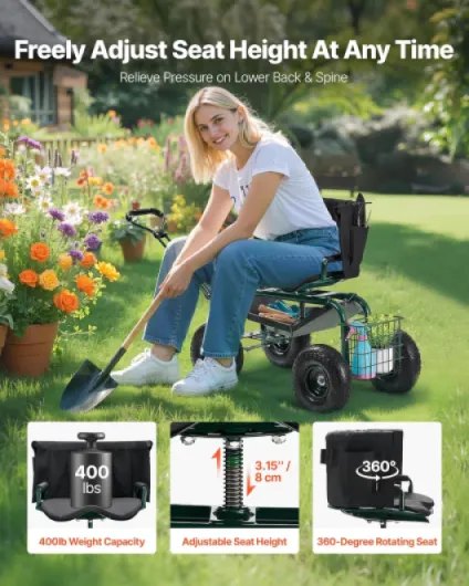 Siège de Jardin Roulant, Tabouret de Jardinage sur Roues Robuste, Hauteur Réglable, Capacité Charge 181 kg, Chariot à Siège Pivotant à Dossier, pour Désherbage, Plantation, Terrasse, Extérieur Vert/Noir