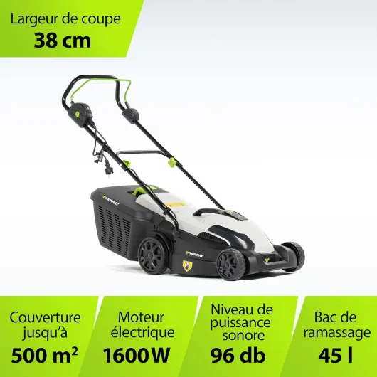 Murray Tondeuse Électrique 2-en-1 LE380E – Puissante 1600W/38cm avec Bac de Ramassage 45L pour Pelouses Jusqu’à 500m² – Poignée Ergonomique et Protection Contre Les Surcharges