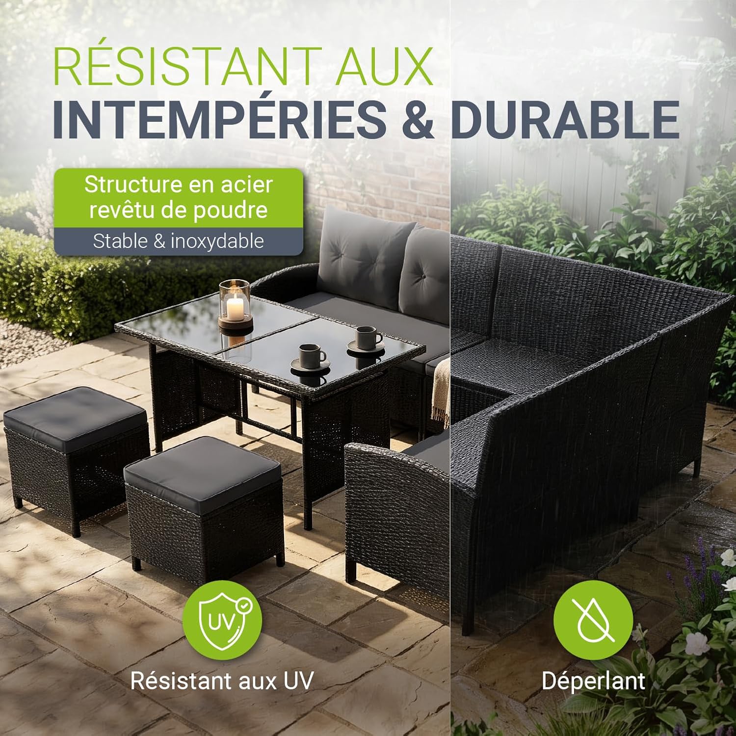 Salon de Jardin Lounge Manacor en polyrotin Noir - avec canapé, Table, 2 tabourets & Coussins - Ensemble de Meubles de Jardin pouvant accueillir jusqu'à 7 Personnes - Housses Grise Noir / Gris