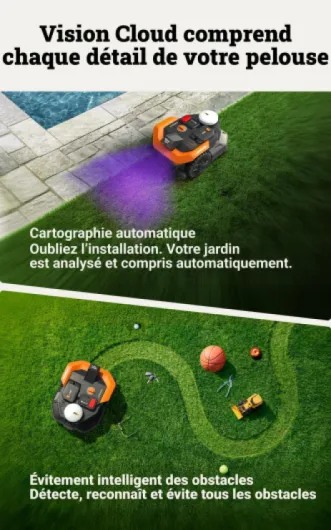 Vision Cloud 2WD Robot Tondeuse WR305E, sans Fil périphérique, jusqu'à 500 m² (évitement d'obstacles par IA, Navigation VSLAM + RTK Cloud, cartographie Automatique, contrôle Via l'application) 500 m² 2WD - Robot tondeuse