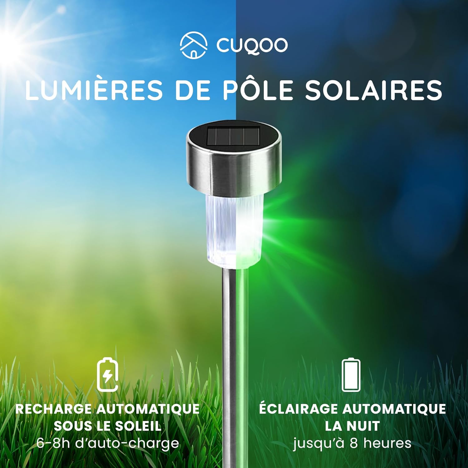 CUQOO Lot de 10 lampes solaires de jardin à LED à changement de couleur en acier inoxydable résistant aux intempéries pour éclairage extérieur et allée – Rechargeable avec activation nocturne Couleurs Changeantes