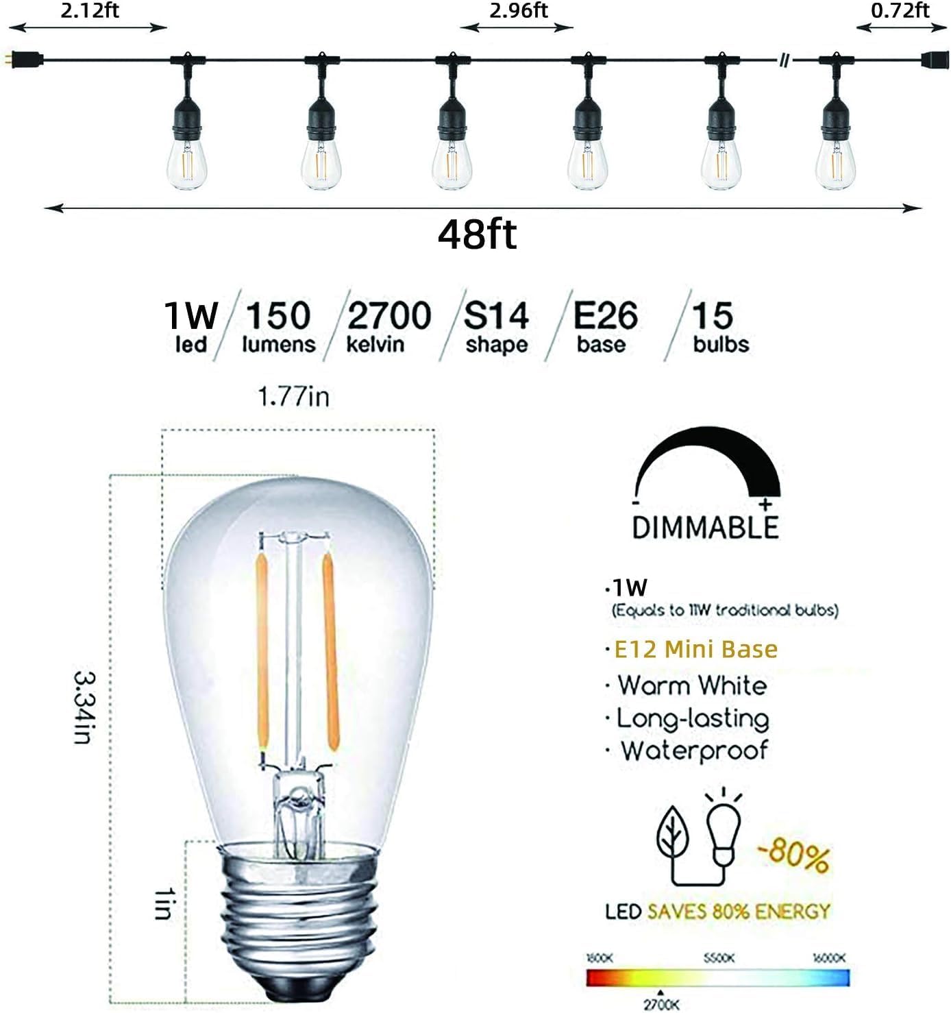 Guirlande Lumineuse Extérieure, 15M S14 Guirlande Guinguette LED avec 15+1 2W E27 Plastiques Ampoule, IP65 Étanche Guirlande Electrique Exterieur pour Jardin Pergola Terrasse, 2700K Blanc Chaud S14-15M