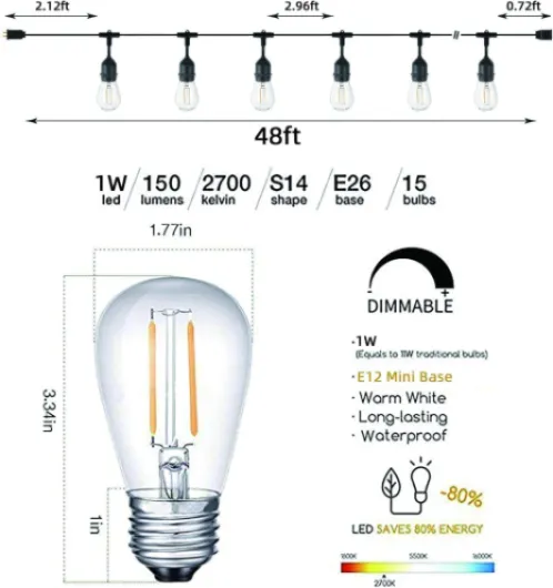 Guirlande Lumineuse Extérieure, 15M S14 Guirlande Guinguette LED avec 15+1 2W E27 Plastiques Ampoule, IP65 Étanche Guirlande Electrique Exterieur pour Jardin Pergola Terrasse, 2700K Blanc Chaud S14-15M