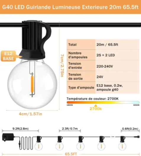 Guirlande Lumineuse Guinguette Exterieur 20M - G40 65.5FT LED Ampoules de Guirlandes Jardin Lumiere Exterieure Connectable IP44 Imperméable Guirlande Lumières Extérieur Terrasse Pergola Balcon 20M-65.5ft