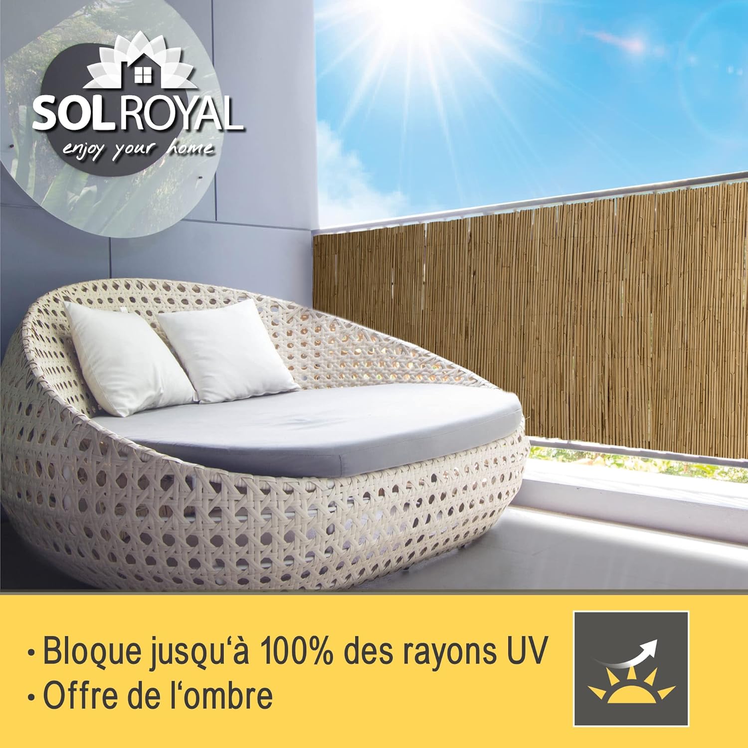 Premium Canisse Brise Vue en Roseau Nature 180x600 cm (HxB) SolVision S36 – Brise-Vent Jardin Terrasse Natte de Roseau pour Balcon & Clôture Palissade Jardin Exterieur 180x600cm