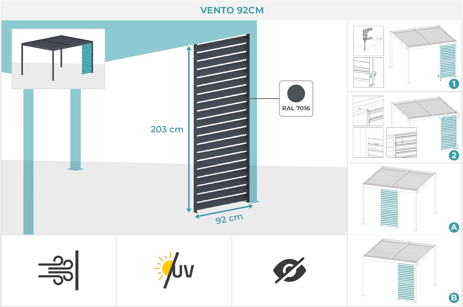 Brise-Vue Pergola Vento 92 x 203 cm 0,92 m x 2,03 m 1,87 m² Gris Anthracite RAL 7016 Lames Persiennes Aluminium Structure Acier Galvanisé Fixation Incluse Compatible Pergola Piana