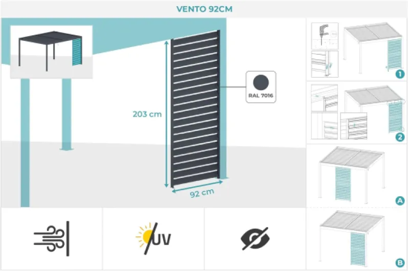 Brise-Vue Pergola Vento 92 x 203 cm 0,92 m x 2,03 m 1,87 m² Gris Anthracite RAL 7016 Lames Persiennes Aluminium Structure Acier Galvanisé Fixation Incluse Compatible Pergola Piana