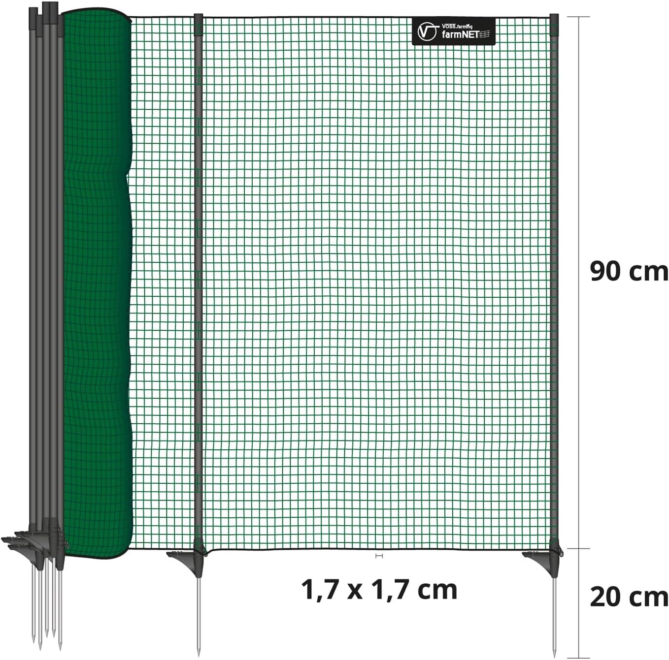 VOSS.farming clôture Classic Non électrifiable, 25 m x 90 cm, 15 piquets, 1 Pointe Filet pour Animaux, clôture Mobile de Jardin et Cour
