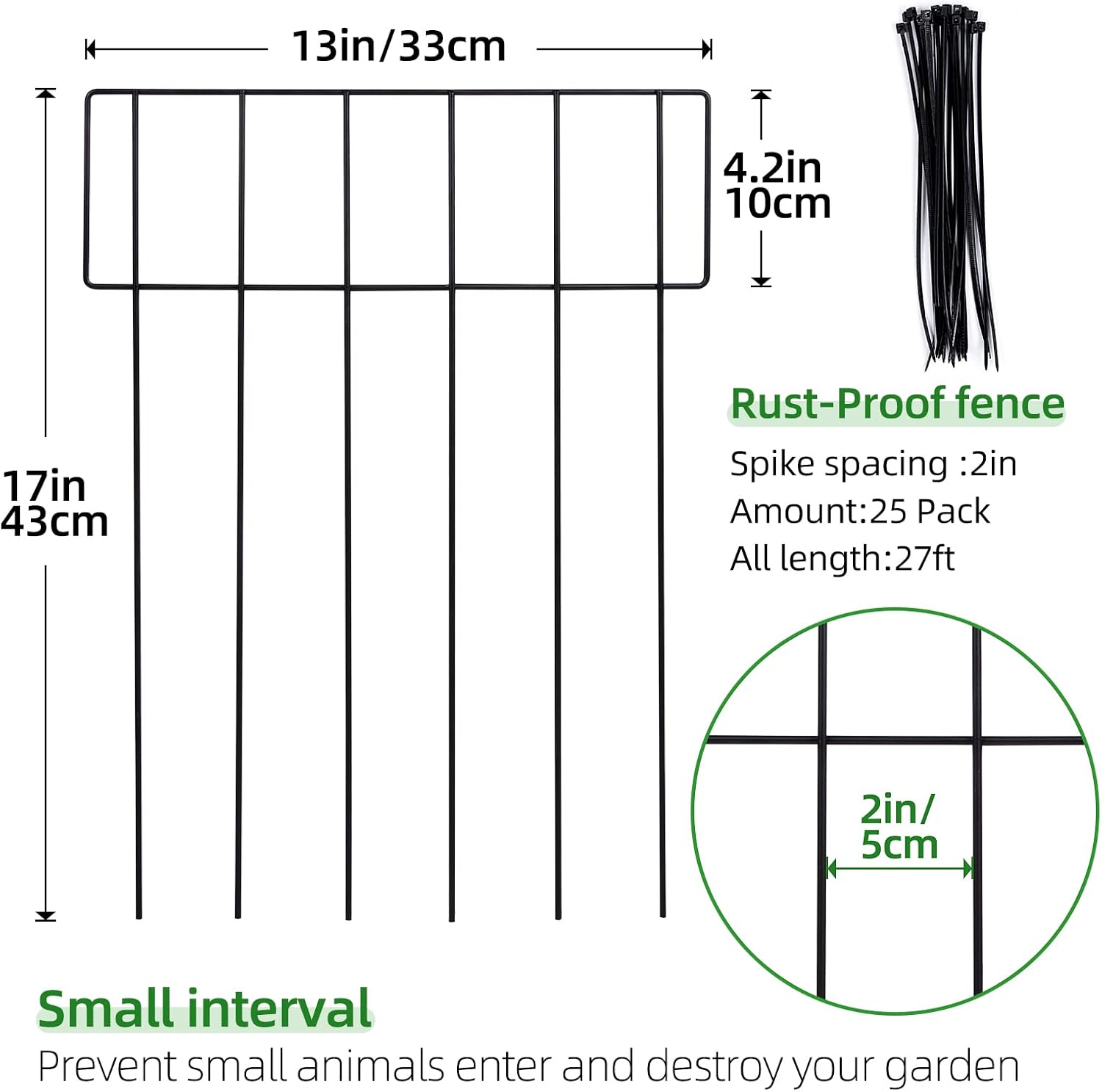 Lot de 25 clôtures de jardin décoratives pour animaux - 43.2cm (H) x 8.1m (L) - Clôture de jardin en fil métallique antirouille - Convient aux chiens et aux lapins 43.2cm - 25 Pack (8.1m)