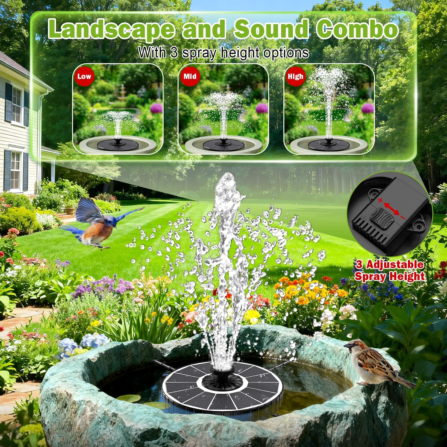 SZMP Fontaine Solaire Extérieure Flottante, 3.5W Pompe pour Bassin Jardin 2026 Améliorée, 3 Hauteurs de Jet, Fontaine Solaire avec 8 Buses & 4 Tiges Rotative pour Bain d'oiseaux Fontaines Extérieure Blanc
