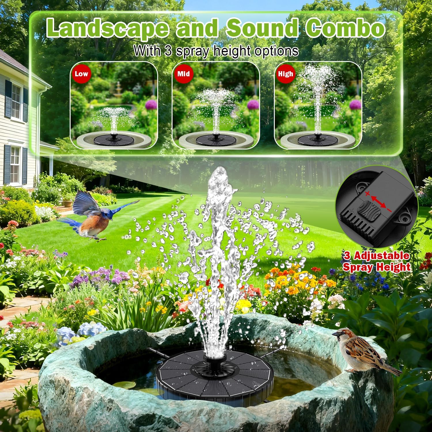 SZMP Fontaine Solaire Extérieure Flottante, 3.5W Pompe pour Bassin Jardin 2026 Améliorée, 3 Hauteurs de Jet, Fontaine Solaire avec 8 Buses & 4 Tiges Rotative pour Bain d'oiseaux Fontaines Extérieure Noir/Blanc