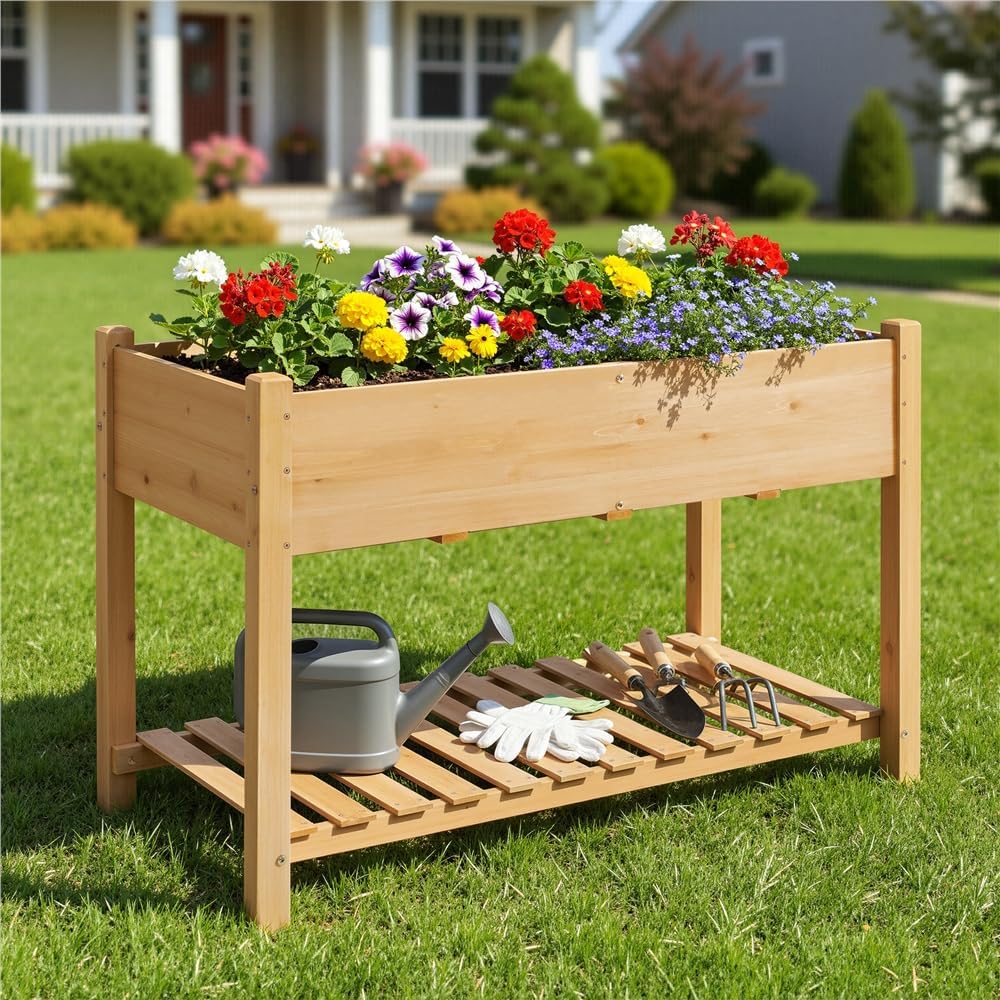 Carré à Plantes en Bois Lit de Plantation Surélevé Carré Potager de Jardin Erconomique sur Pieds en Bois pour Herbes, Légumes, Fruits, Fleurs 119 x 89 x 57 cm 119x80x57 cm
