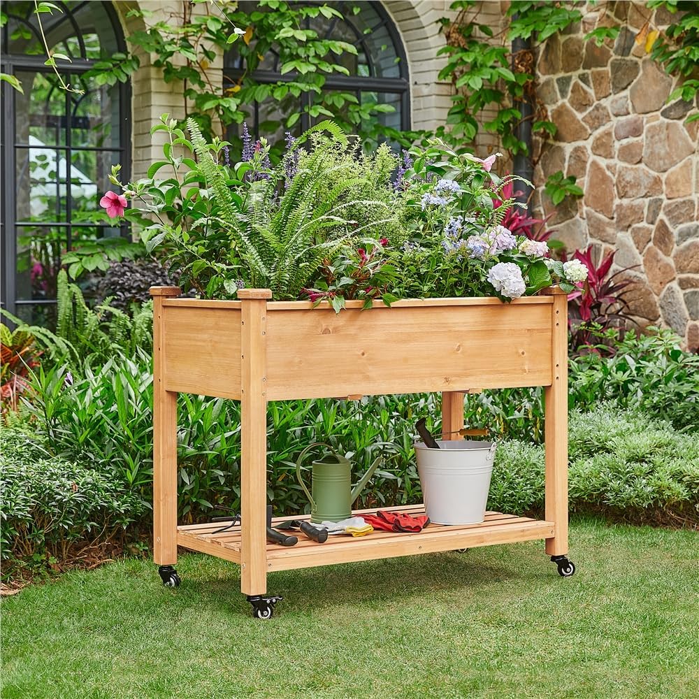 Carré à Plantes en Bois Carré Potager sur Pieds avec roulettes Lit de Jardin Surélevé Erconomique en Bois pour Intérieur Extérieur 105,5 x 83.5 x 56,5 cm 105.5x56.5 cm