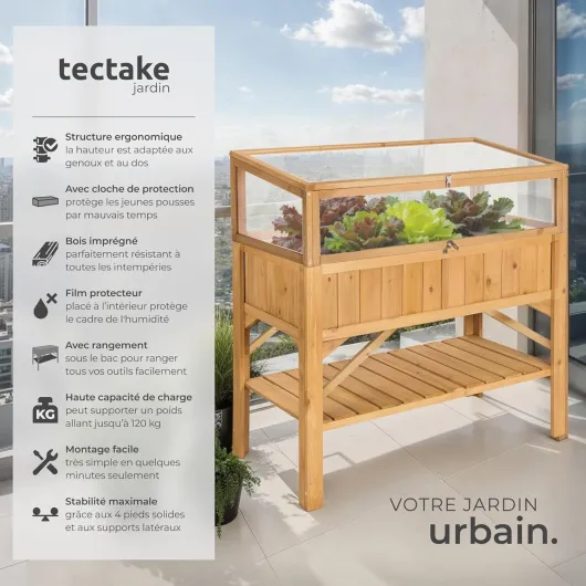 ® Carré Potager de Jardin sur Pied surélevé en Bois, Bac à semis Jardiniere Bois avec Rangement pour Les Outils, Mini Serre Châssis Incluse - 119 x 57 x 90 cm Carré Potager Surélevé + Serre de Jardin
