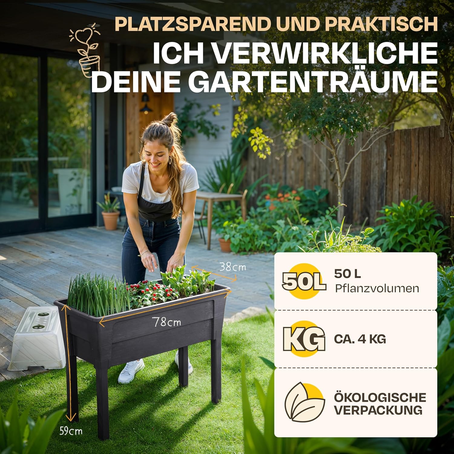 Ondis24 Victoria Jardinière de jardin pour balcon, jardinière avec serre, volume 50 l, réservoir d'eau, irrigation goutte à goutte, pieds amovibles, convient pour l'extérieur (anthracite)