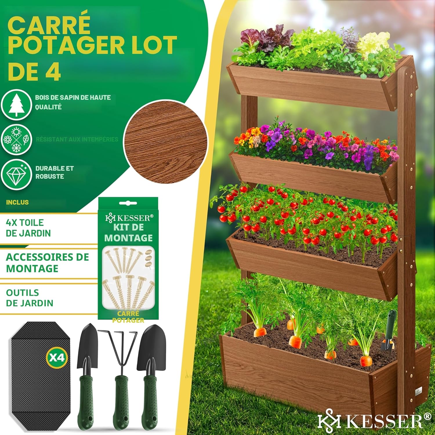 KESSER® Plate-Bande surélevée avec étages Premium Jardinière Étagère en escalier pour Fleurs Étagère en escalier pour plantations - Potager Parterre d'herbes Pots Plate-Bande (4 Sols, Brun) 4 Sols Brun