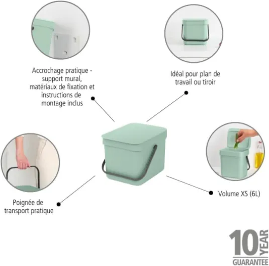 Poubelle Sort & Go 6L (Vert Clair) – Système de tri des déchets avec poignée de transport, couvercle amovible et à ouverture permanente – Poubelle cuisine à nettoyage facile sans rebords 6 Litres Poubelle Jade Green