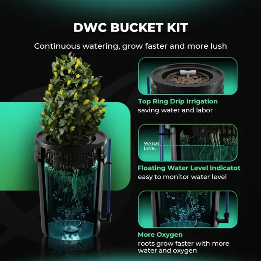 Mars Hydro DWC Système de Culture hydroponique en Profondeur de 5 gallons avec Pompe à air 8W, Tuyau d'air Polyvalent, Pierre à air, 2 seaux et kit de Goutte à Goutte supérieur