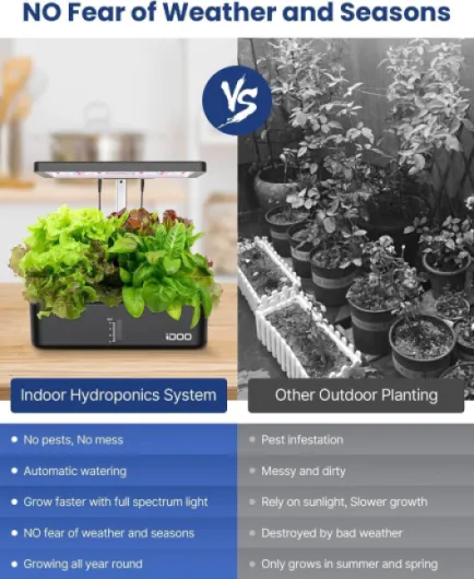 IDOO Potager Interieur, Hydroponie, Kits et Systèmes pour Cultures hydroponiques avec à 12 Dosettes, Minuteur Automatique, Hauteur Réglable, Jardin Interieur pour la Cuisine de la Maison, Noir 12 pods Noir