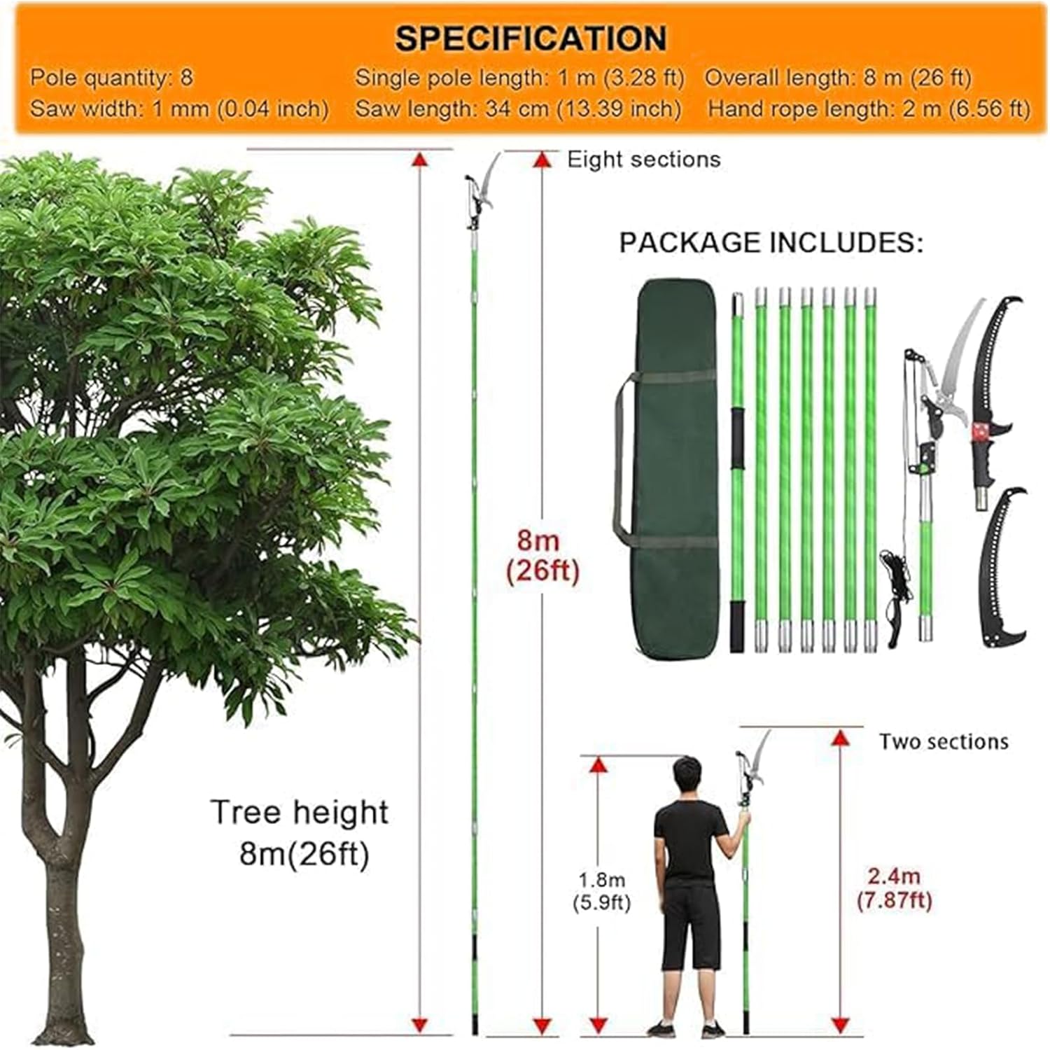 Scie à Élaguer Télescopique, Scie avec Manche Télescopique 8m, Coupe-branches Manuelles, Outils de Jardin pour Palmiers, Arbustes et Grands Arbres