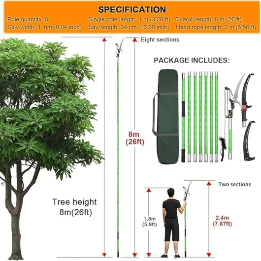 Scie à Élaguer Télescopique, Scie avec Manche Télescopique 8m, Coupe-branches Manuelles, Outils de Jardin pour Palmiers, Arbustes et Grands Arbres