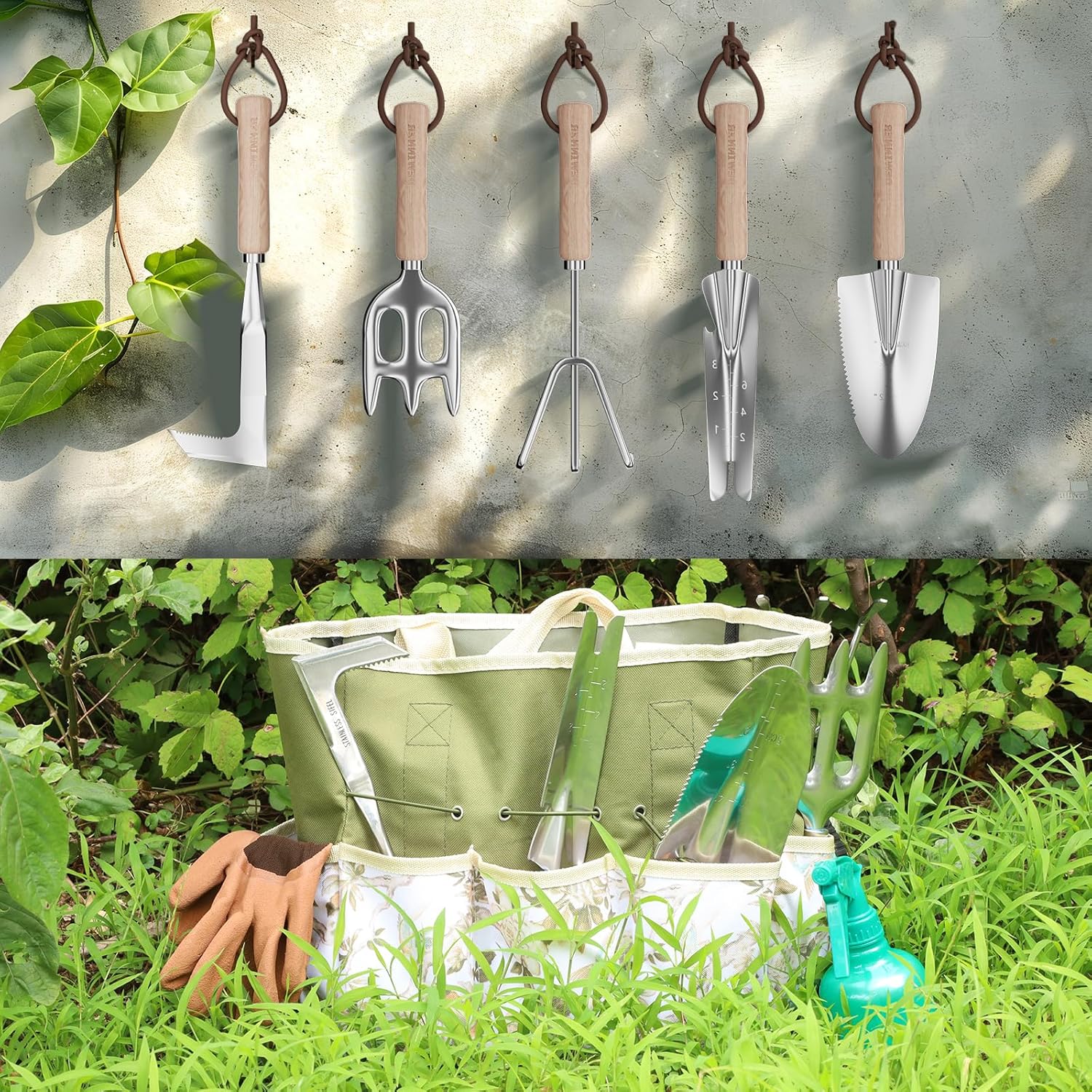 Outils de Jardinage, 12 pièces Ensemble de Jardinage en Acier Inoxydable avec Sac de Rangement, Râteaux,Transplanter, Gants de, Cadeaux de kit Jardinage pour Homme et Femme 11 pièces