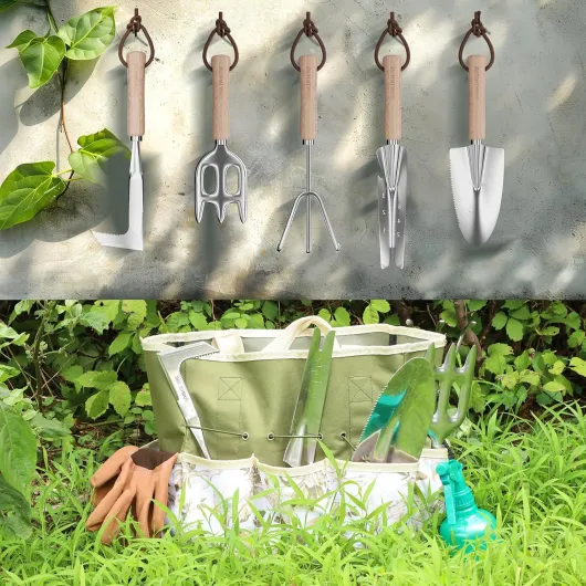 Outils de Jardinage, 12 pièces Ensemble de Jardinage en Acier Inoxydable avec Sac de Rangement, Râteaux,Transplanter, Gants de, Cadeaux de kit Jardinage pour Homme et Femme 11 pièces