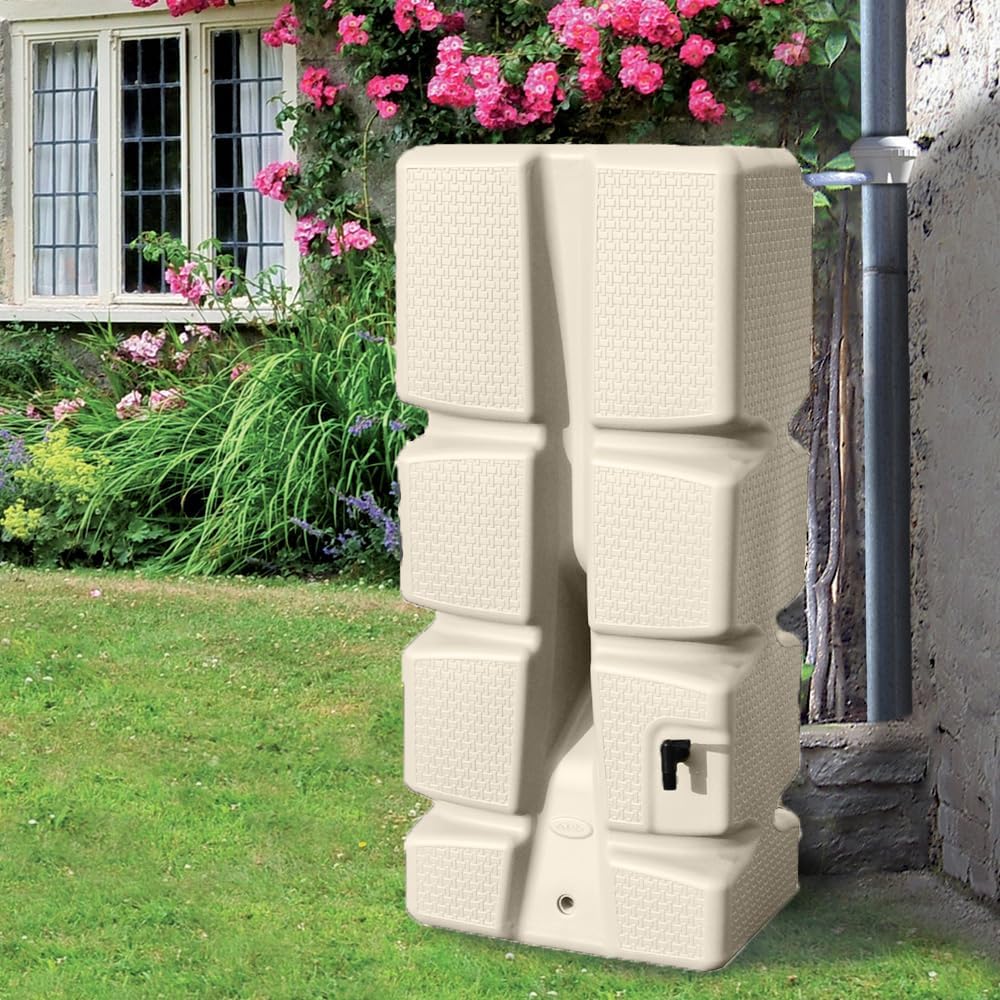 Récupérateur d'eau RÉCUP'ECO 310 L - Décor Tressé - Kit Collecteur Filtrant Inclus + Robinet - 60 x 40 x H.138 cm - Beige