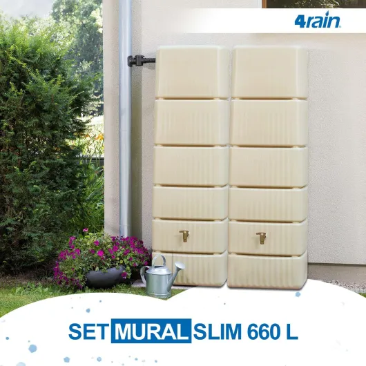 Slim Kit Recuperateur d Eau de Pluie 660L Sable Beige – 2X Réservoir d’Eau de Pluie Slim 330L avec Connecteur – Récupérateur d’Eau Mural Robuste pour Jardin et Terrasse