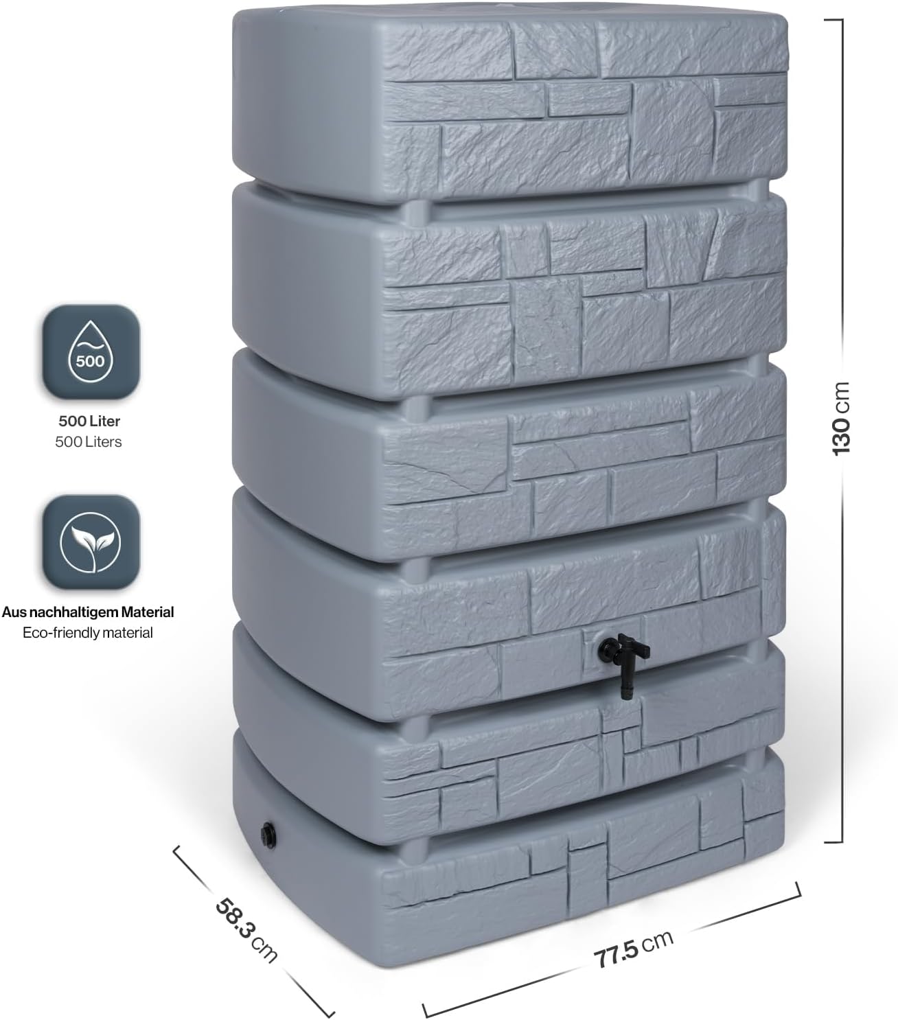 Kreher Récupérateur d'eau XXL Tower Stone avec robinet - Superbe aspect pierre anthracite/gris, volume d'utilisation de 500 litres - Dimensions (l x p x h) : 77,5 x 58,3 x 130 cm (gris)