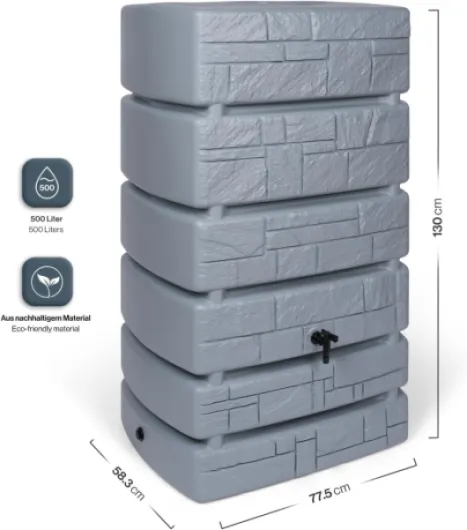 Kreher Récupérateur d'eau XXL Tower Stone avec robinet - Superbe aspect pierre anthracite/gris, volume d'utilisation de 500 litres - Dimensions (l x p x h) : 77,5 x 58,3 x 130 cm (gris)