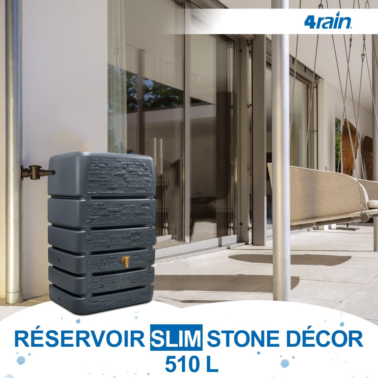 Slim Stone Decor Recuperateur d Eau de Pluie 510 L Gris Graphit – Cuve Murale décorative pour Jardin – Collecteur d’Eau Design Robuste avec Robinet