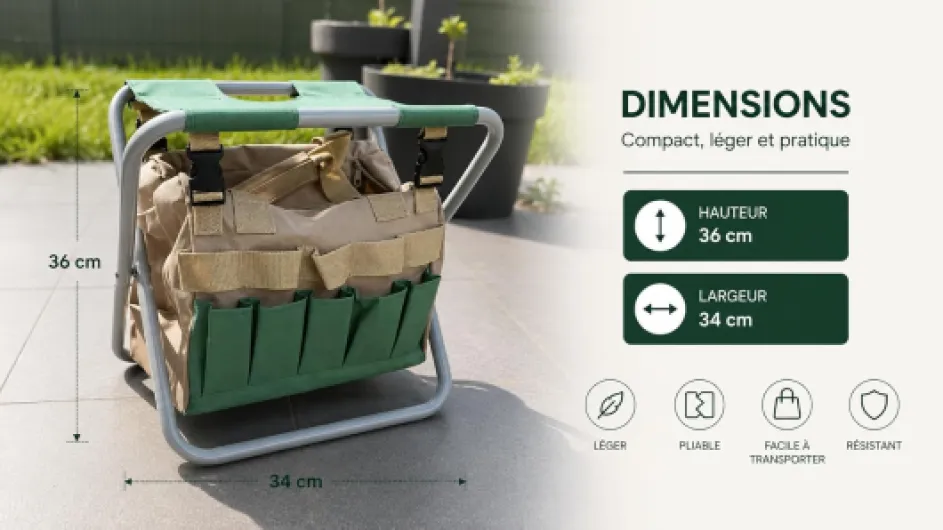 Kit Jardinage Ergonomique Verdorin – Tabouret Pliant + 12 Outils Acier Inoxydable + Sac + Gants + Genouillères – Jardinez sans Douleur au Dos ni aux Genoux