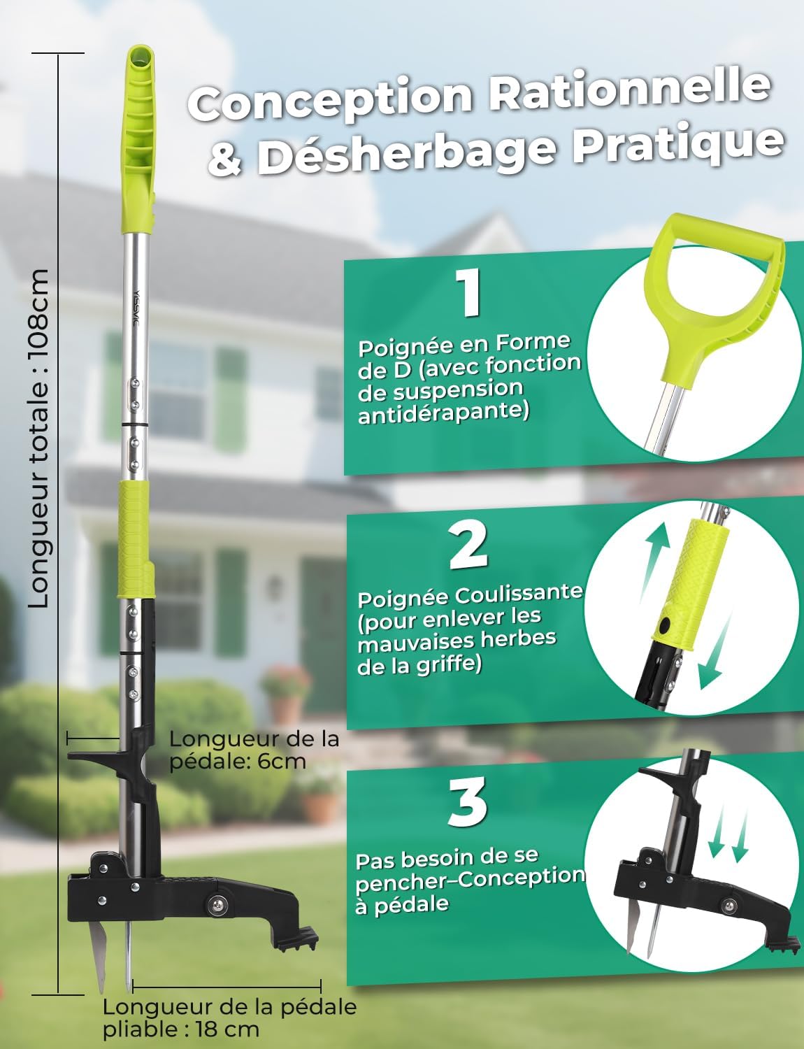 Desherbeur Manuel 108cm en Acier Inoxydable à 4 Griffes avec Pédale Arrache-Racines Télescopique Arrache Pissenlit Poignée Antidérapante Réglable en Forme de D pour Outils Jardinage