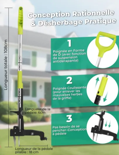 Desherbeur Manuel 108cm en Acier Inoxydable à 4 Griffes avec Pédale Arrache-Racines Télescopique Arrache Pissenlit Poignée Antidérapante Réglable en Forme de D pour Outils Jardinage